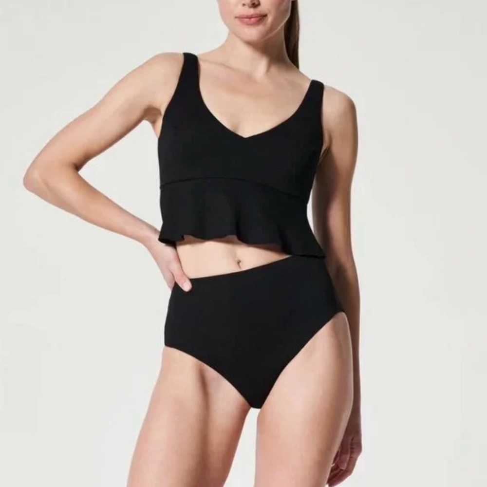 NWT! SPANX ‘Pique Longline Flounce Top’ Textured Swim Bikini Top